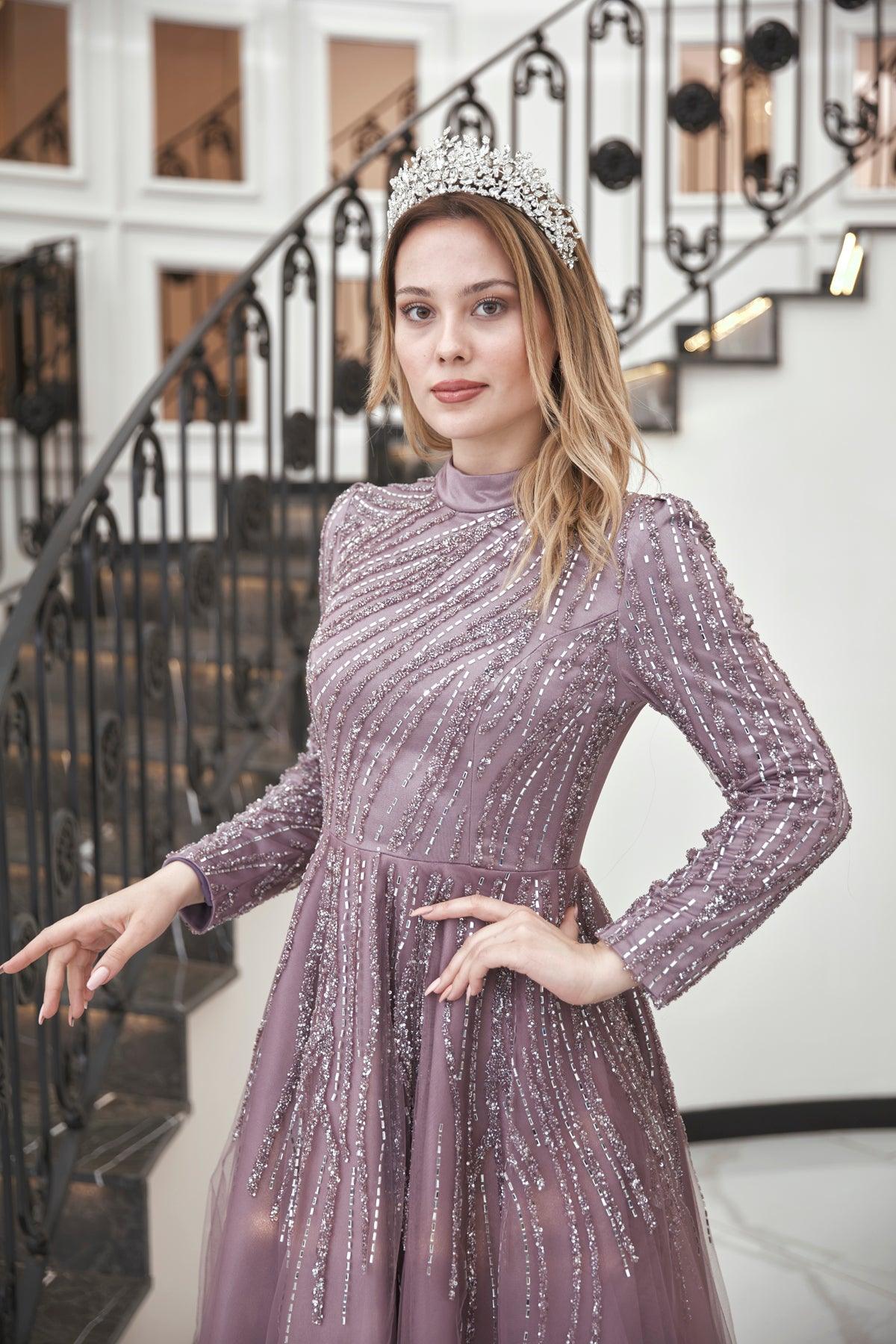 Anna Midi Taşlı Tesettür Abiye Lila - FioraofDress - tesettur - abiye - 44 - hijab - evening - dress