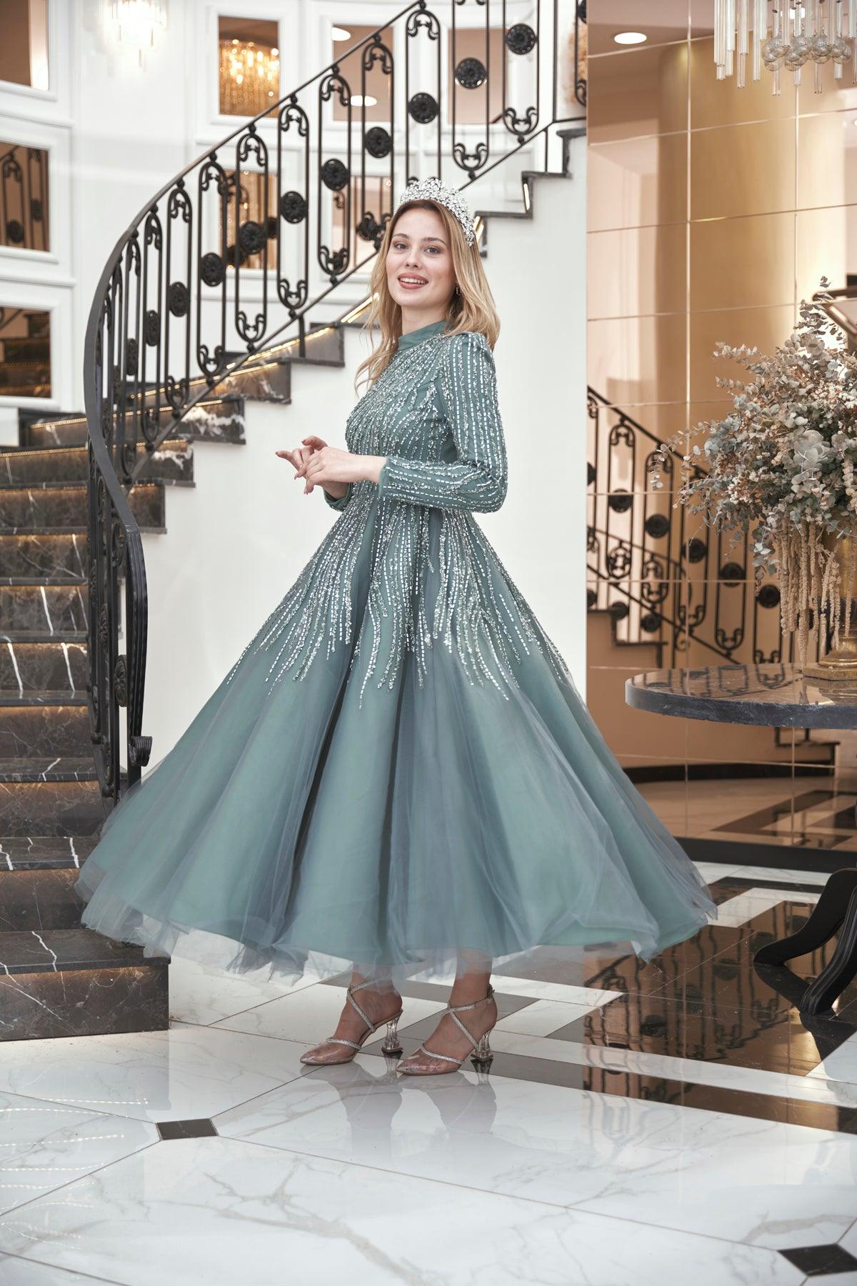 Anna Midi Taşlı Tesettür Abiye Mint - FioraofDress - tesettur - abiye - 44 - hijab - evening - dress