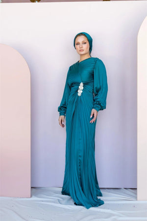 Beli Taşlı Pilise Tesettür Abiye - FioraofDress - tesettur - abiye - 44 - PETROL - hijab - evening - dress