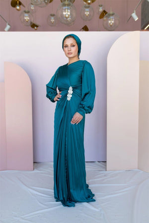 Beli Taşlı Pilise Tesettür Abiye - FioraofDress - tesettur - abiye - 44 - PETROL - hijab - evening - dress