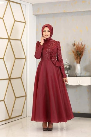 Flower Abiye - FioraofDress - tesettur - abiye - 38 - BORDO - hijab - evening - dress