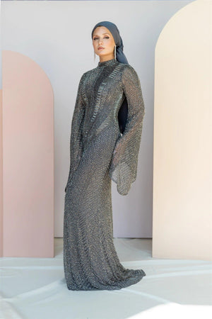 Handmade Embroidered AH1011 - FioraofDress - tesettur - abiye - 48 - gri - hijab - evening - dress