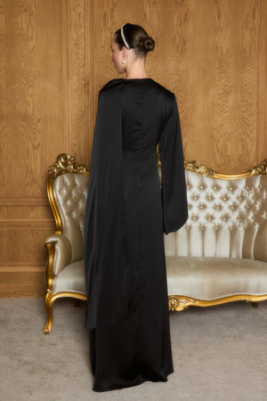 İsalle Bel Pileli Broşlu Tesettür Elbise - FioraofDress - tesettur - abiye - SİYAH - 36 - hijab - evening - dress