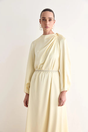 Juan Pileli Kemerli Saten Tesettür Elbise - FioraofDress - tesettur - abiye - Sarı - 36 - hijab - evening - dress