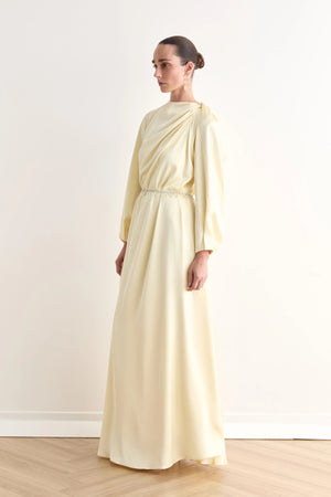 Juan Pileli Kemerli Saten Tesettür Elbise - FioraofDress - tesettur - abiye - Sarı - 36 - hijab - evening - dress