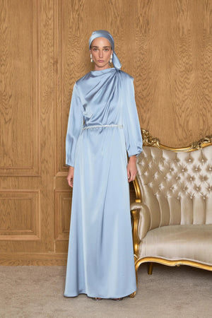 Juan Pileli Kemerli Saten Tesettür Elbise - FioraofDress - tesettur - abiye - Mavii - 36 - hijab - evening - dress