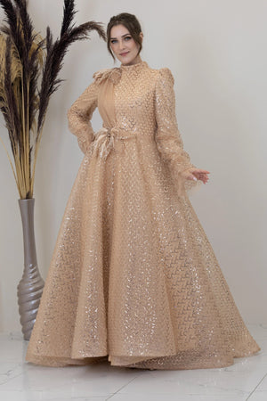 Omuz Ve Beli Çiçek Detaylı Adel Tesettür Abiye - FioraofDress - tesettur - abiye - GOLD - 38 - hijab - evening - dress