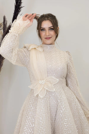 Omuz Ve Beli Çiçek Detaylı Adel Tesettür Abiye - FioraofDress - tesettur - abiye - bejj - 38 - hijab - evening - dress