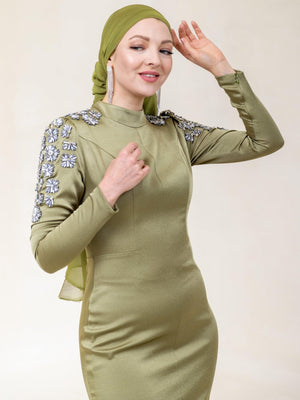 Papatya Omuz Tesettür Elbise - FioraofDress - tesettur - abiye - 44 - Yağ Yeşili - hijab - evening - dress