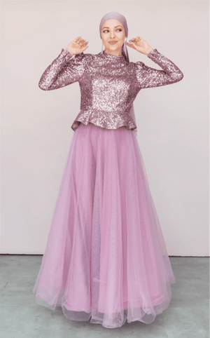 Payet Peplum Ceket Tütü Etek Takım Abiye - FioraofDress - tesettur - abiye - 44 - PEMBE - hijab - evening - dress