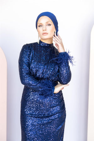 Payetli Drape Detay Tesettür Abiye - FioraofDress - tesettur - abiye - 46 - lacivert - hijab - evening - dress