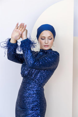 Payetli Drape Detay Tesettür Abiye - FioraofDress - tesettur - abiye - 46 - lacivert - hijab - evening - dress