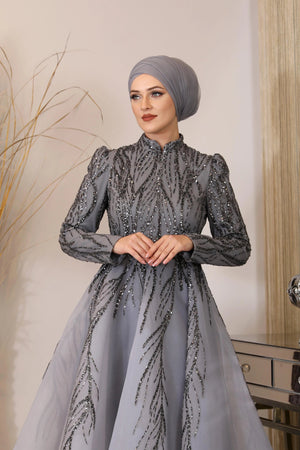 Prenses Tesettür Abiye - FioraofDress - tesettur - abiye - gri - 38 - hijab - evening - dress