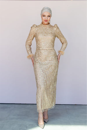 Star Kalem Tesettür Abiye - FioraofDress - tesettur - abiye - 40 - GOLD - hijab - evening - dress