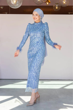 Star Kalem Tesettür Abiye - FioraofDress - tesettur - abiye - 38 - MAVİ - hijab - evening - dress