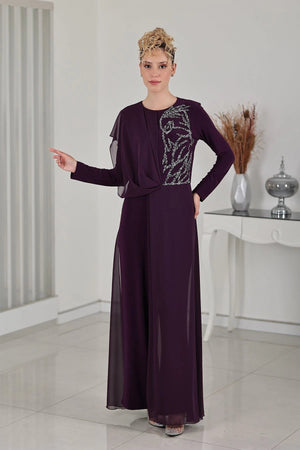 Taş Detay Şifon Zeren Tesettür Tulum Mürdüm - FioraofDress - tesettur - abiye - 48 - hijab - evening - dress
