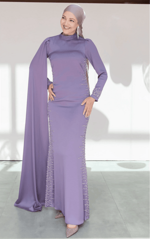 Tek Omuz Pelerinli Tesettür Abiye - FioraofDress - tesettur - abiye - 46 - LİLAA - hijab - evening - dress