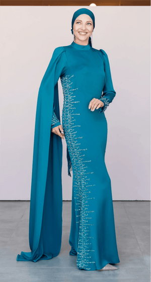Tek Omuz Pelerinli Tesettür Abiye - FioraofDress - tesettur - abiye - 46 - PETROL - hijab - evening - dress