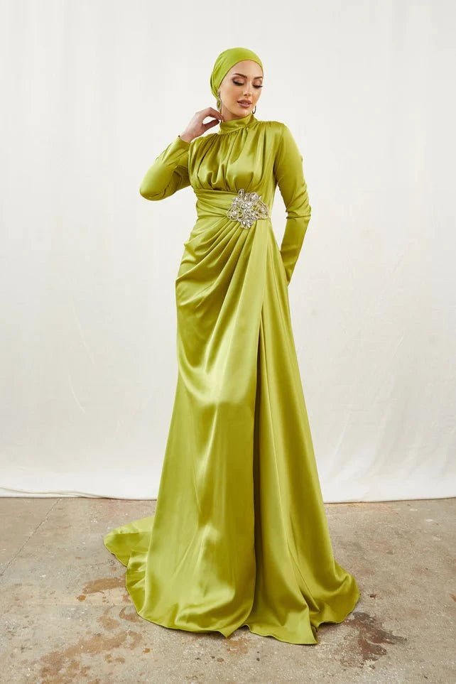 Berra Taşlı Yağ Yeşili Tesettür Abiye - FioraofDress - tesettur - abiye - 42 - YAĞ YEŞİLİ - hijab - evening - dress