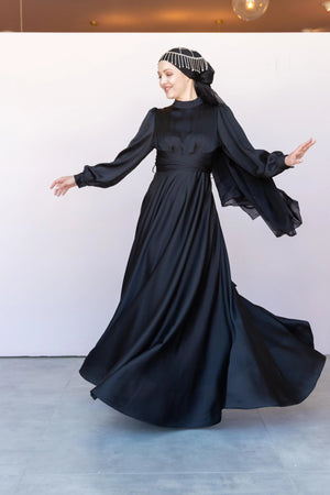 Çarpraz Saten Tesettür Abiye - FioraofDress - tesettur - abiye - 38 - SİYAH - hijab - evening - dress