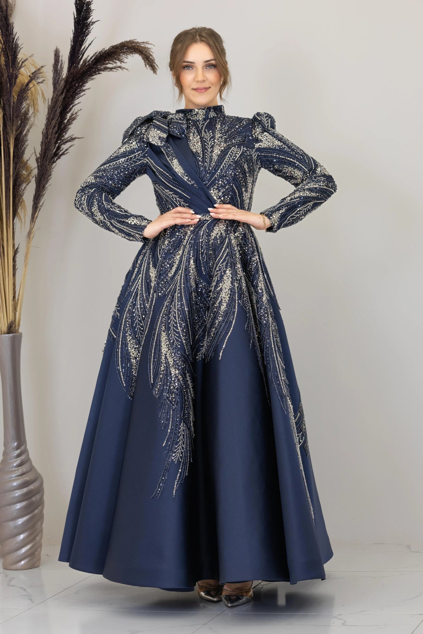 Çiçek Detaylı Larin Tesettür Abiye - FioraofDress - tesettur - abiye - lacivert - 38 - hijab - evening - dress