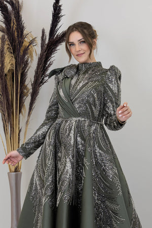 Çiçek Detaylı Larin Tesettür Abiye - FioraofDress - tesettur - abiye - haki - 38 - hijab - evening - dress