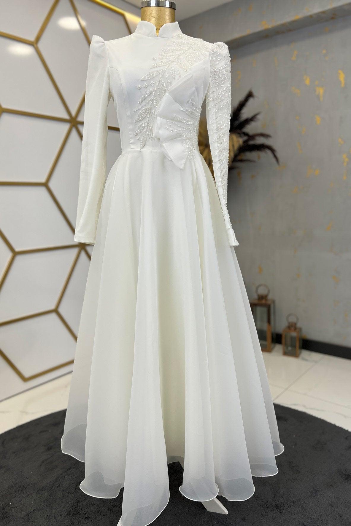 Ela Tesettür Abiye Beyaz - FioraofDress - tesettur - abiye - 48 - hijab - evening - dress