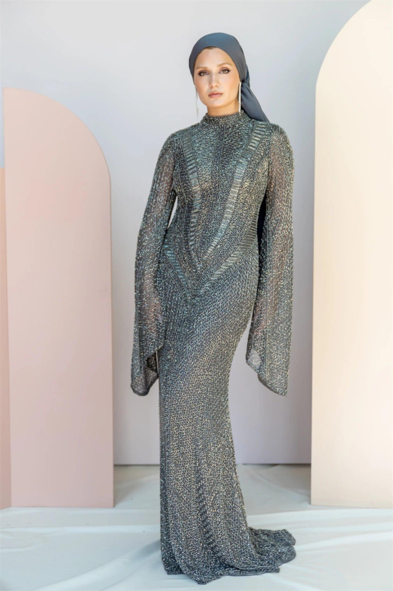 Handmade Embroidered AH1011 - FioraofDress - tesettur - abiye - 48 - gri - hijab - evening - dress