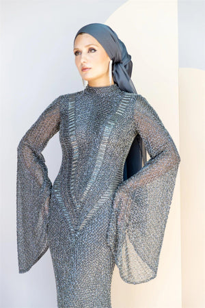 Handmade Embroidered AH1011 - FioraofDress - tesettur - abiye - 48 - gri - hijab - evening - dress