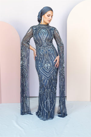 Handmade Embroidered AH1022 - FioraofDress - tesettur - abiye - 48 - antrasitt - hijab - evening - dress