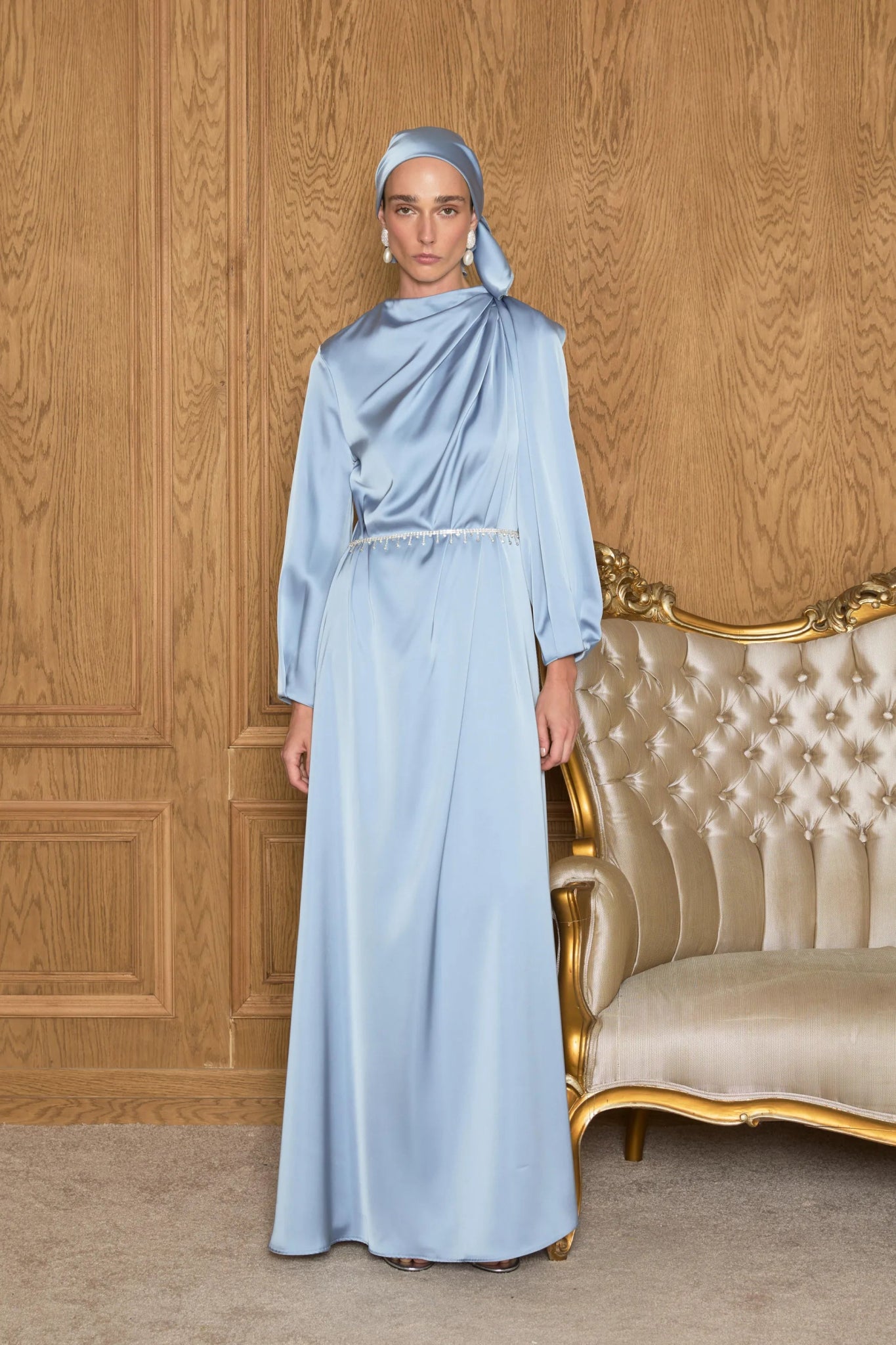 Juan Pileli Kemerli Saten Tesettür Elbise - FioraofDress - tesettur - abiye - Mavii - 36 - hijab - evening - dress