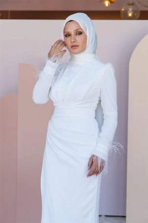 Kolları Tüylü Drapeli Tesettür Abiye - FioraofDress - tesettur - abiye - 46 - Beyaz - hijab - evening - dress