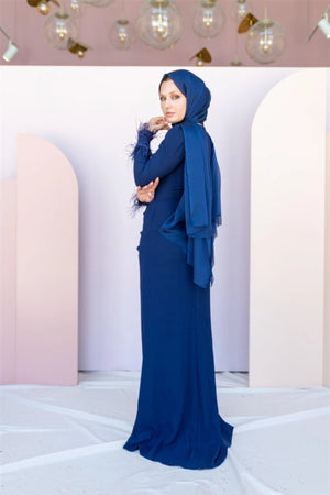 Kolları Tüylü Drapeli Tesettür Abiye - FioraofDress - tesettur - abiye - 46 - lacivert - hijab - evening - dress