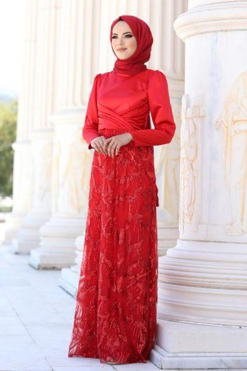 Larin Tesettür Abiye Kırmızı - FioraofDress - tesettur - abiye - 48 - hijab - evening - dress