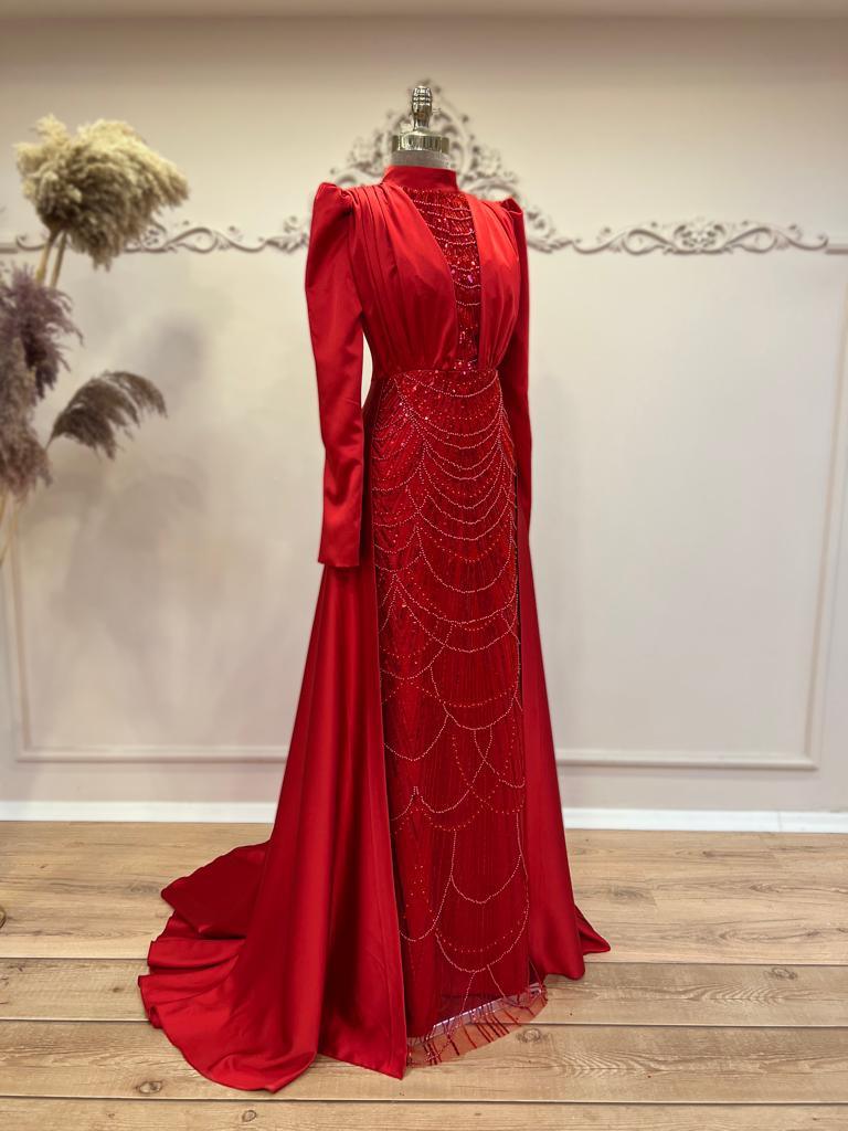 Mathilda Tesettür Abiye - Kırmızı - FioraofDress - tesettur - abiye - 48 - KIRMIZI - hijab - evening - dress