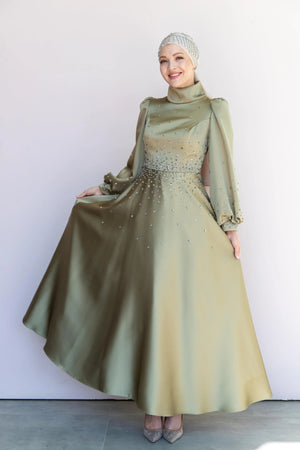 Neck Tesettür Abiye - FioraofDress - tesettur - abiye - 46 - YAĞ YEŞİLİ - hijab - evening - dress