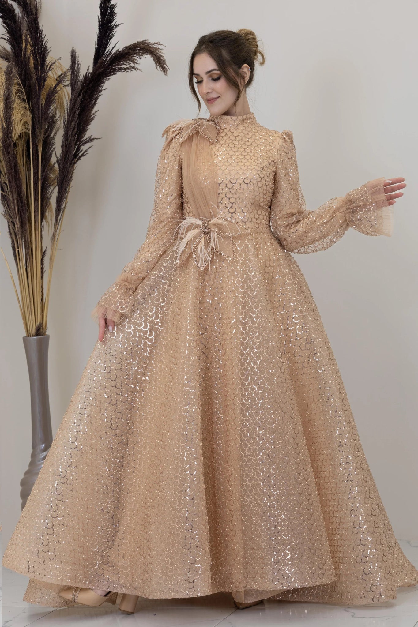 Omuz Ve Beli Çiçek Detaylı Adel Tesettür Abiye - FioraofDress - tesettur - abiye - GOLD - 52 - hijab - evening - dress