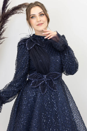 Omuz Ve Beli Çiçek Detaylı Adel Tesettür Abiye - FioraofDress - tesettur - abiye - LACİVERT - 38 - hijab - evening - dress