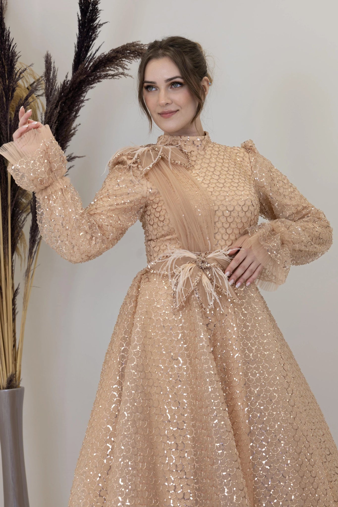 Omuz Ve Beli Çiçek Detaylı Adel Tesettür Abiye - FioraofDress - tesettur - abiye - GOLD - 38 - hijab - evening - dress