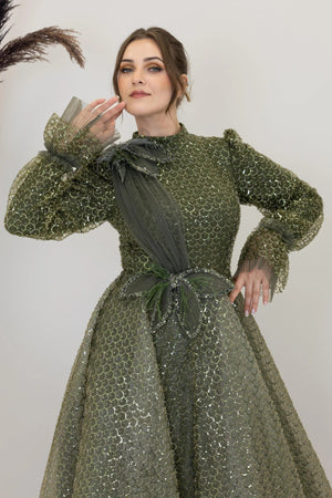 Omuz Ve Beli Çiçek Detaylı Adel Tesettür Abiye - FioraofDress - tesettur - abiye - haki - 38 - hijab - evening - dress