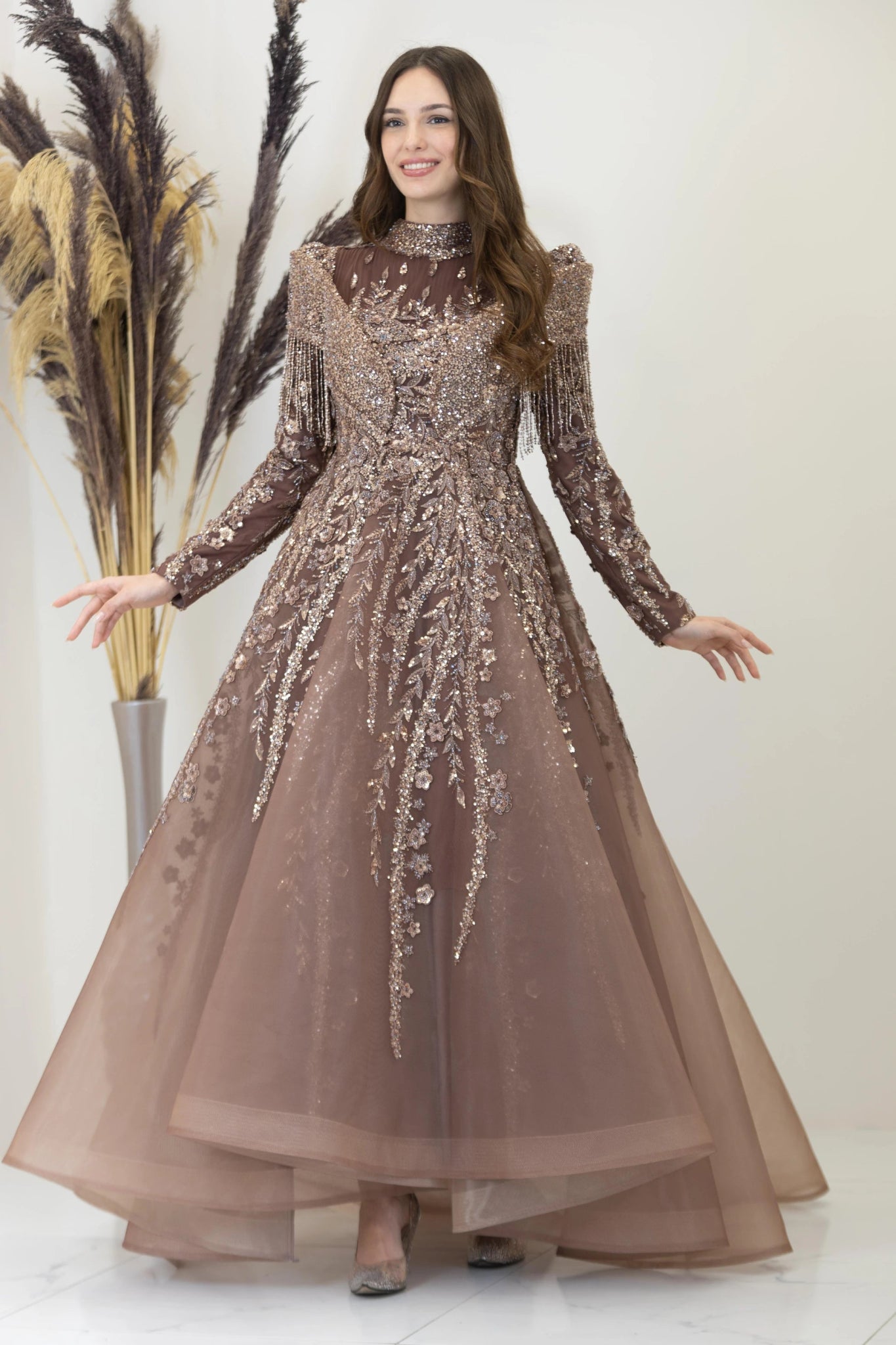 Omuzları V Drape Asel Tesettür Abiye - FioraofDress - tesettur - abiye - Bakır - 38 - hijab - evening - dress