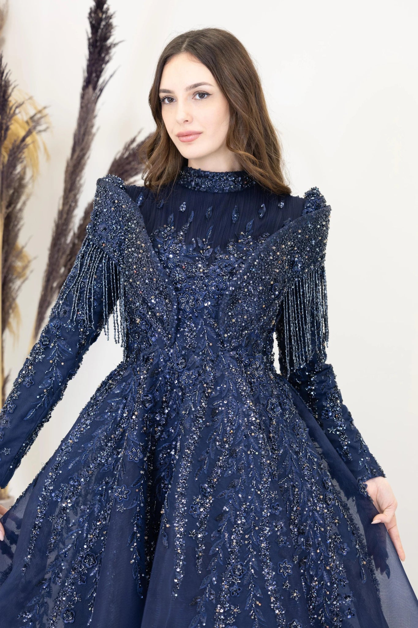 Omuzları V Drape Asel Tesettür Abiye - FioraofDress - tesettur - abiye - lacivert - 38 - hijab - evening - dress