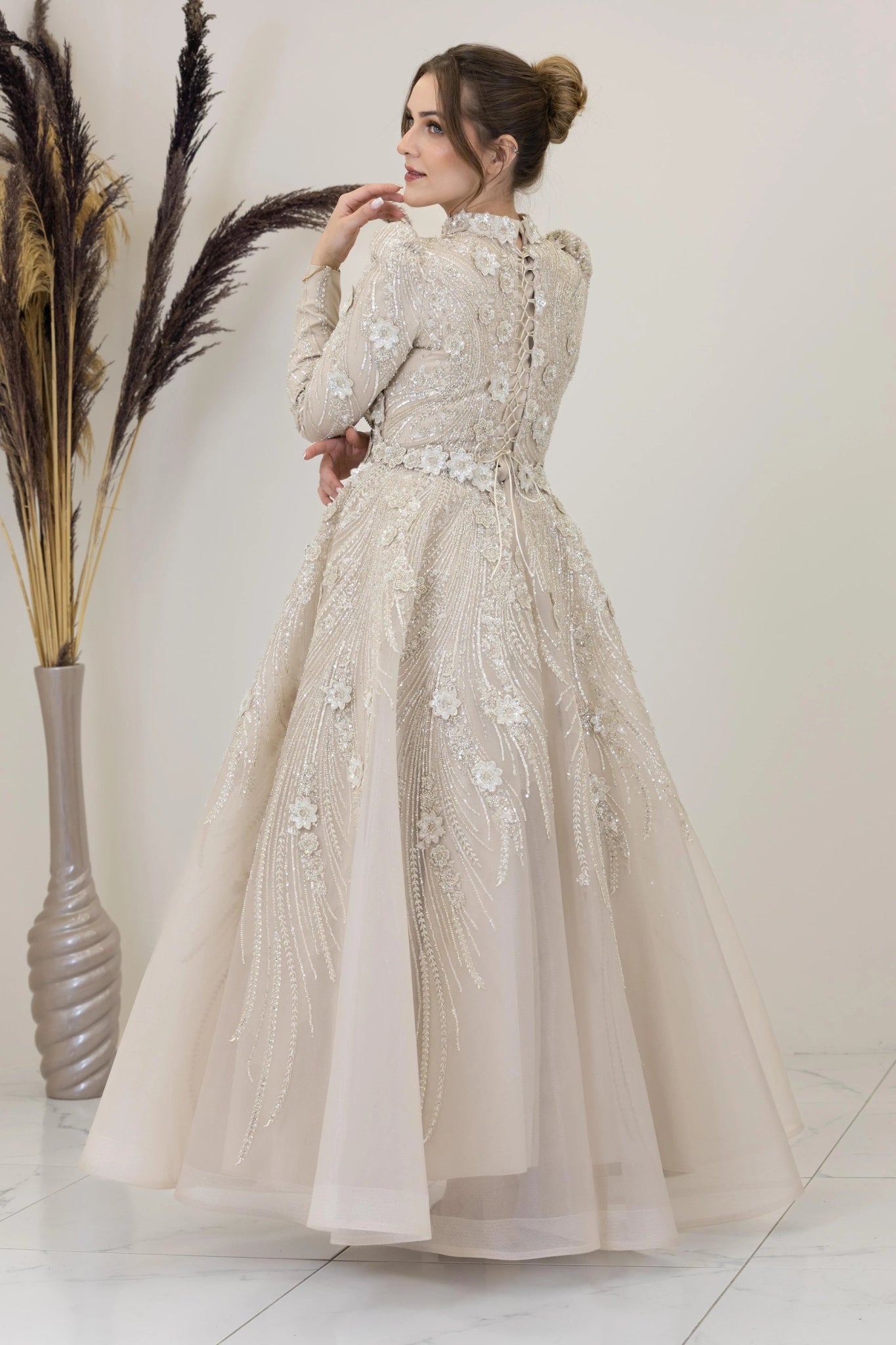 Önü Çiçek İşlemeli Lotus Tesettür Abiye - FioraofDress - tesettur - abiye - Taş - 38 - hijab - evening - dress