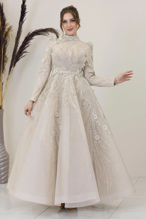 Önü Çiçek İşlemeli Lotus Tesettür Abiye - FioraofDress - tesettur - abiye - Taş - 38 - hijab - evening - dress