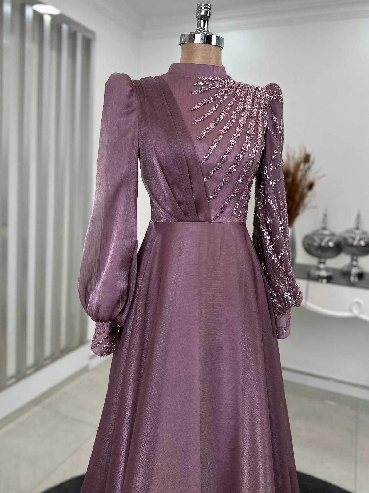 Organze Boncuklu Dantel İşlemeli Güneş Tesettür Abiye Gül Kurusu - FioraofDress - tesettur - abiye - 44 - hijab - evening - dress