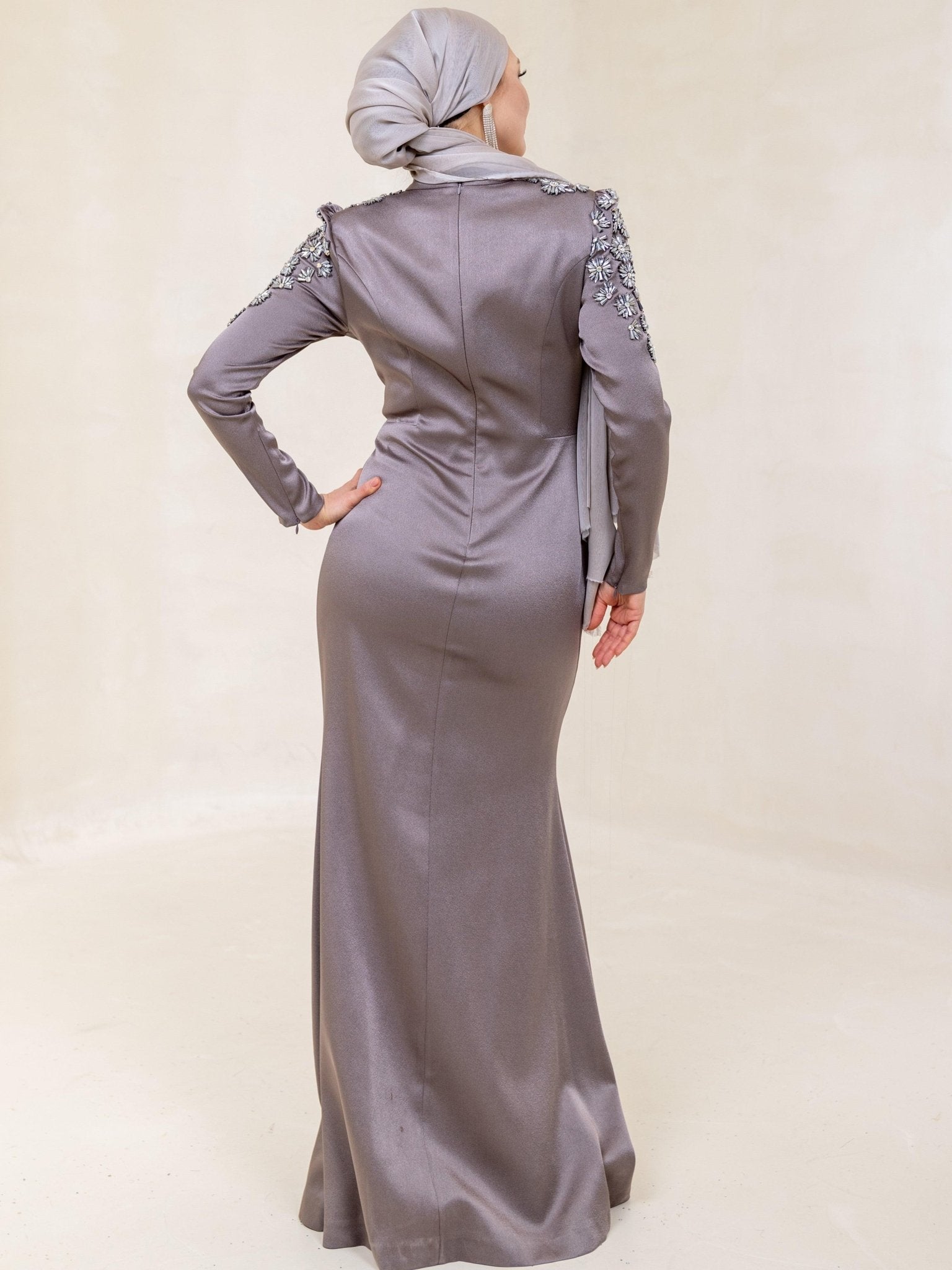 Papatya Omuz Tesettür Elbise - FioraofDress - tesettur - abiye - 44 - Morr - hijab - evening - dress