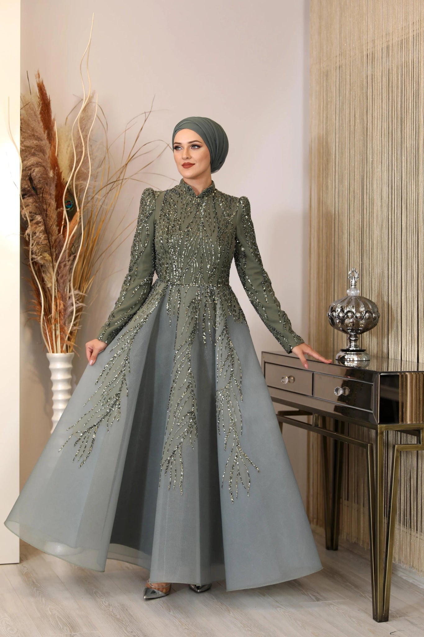 Prenses Tesettür Abiye - FioraofDress - tesettur - abiye - haki - 38 - hijab - evening - dress