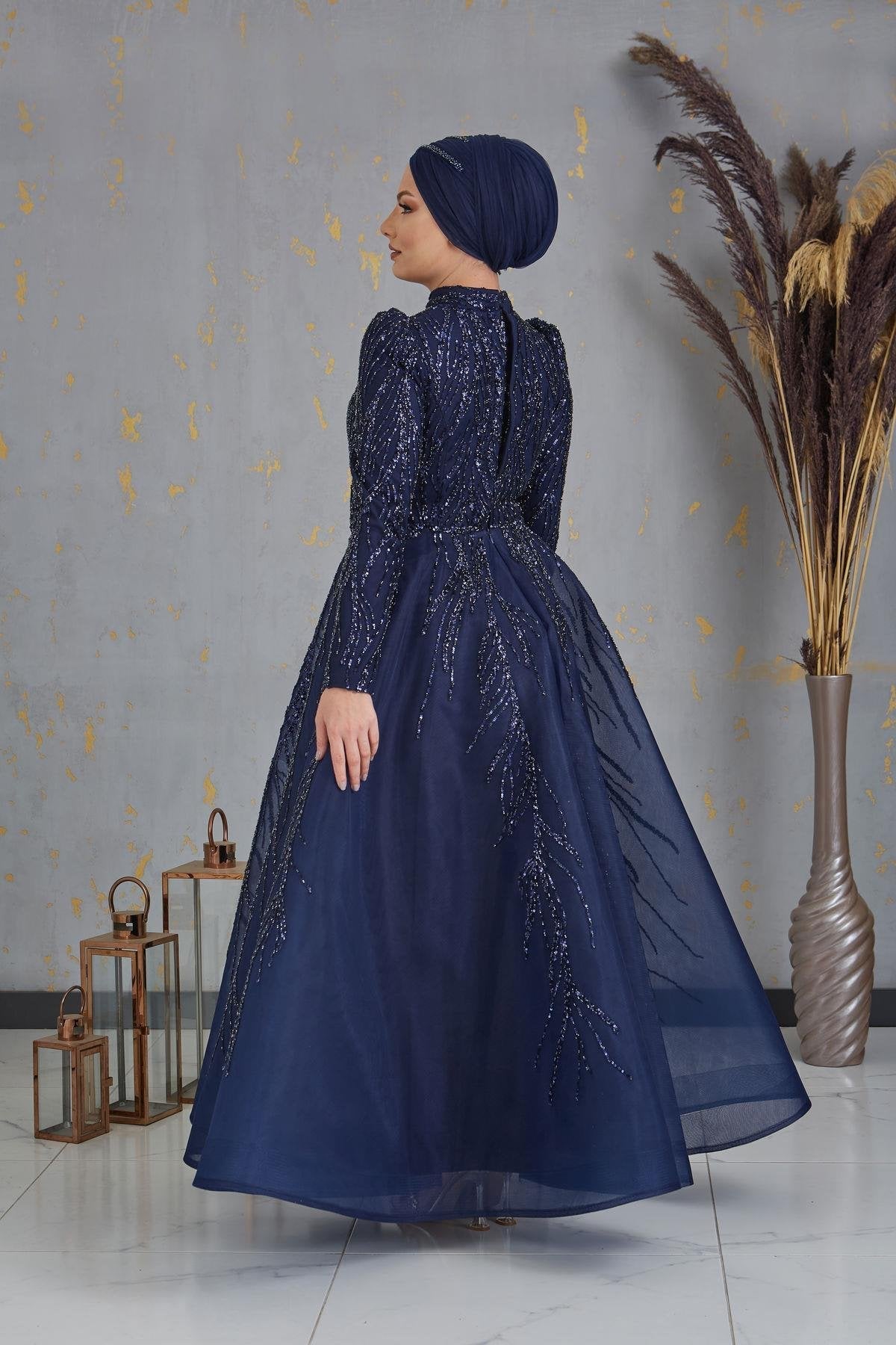 Prenses Tesettür Abiye - FioraofDress - tesettur - abiye - LACİVERT - 38 - hijab - evening - dress