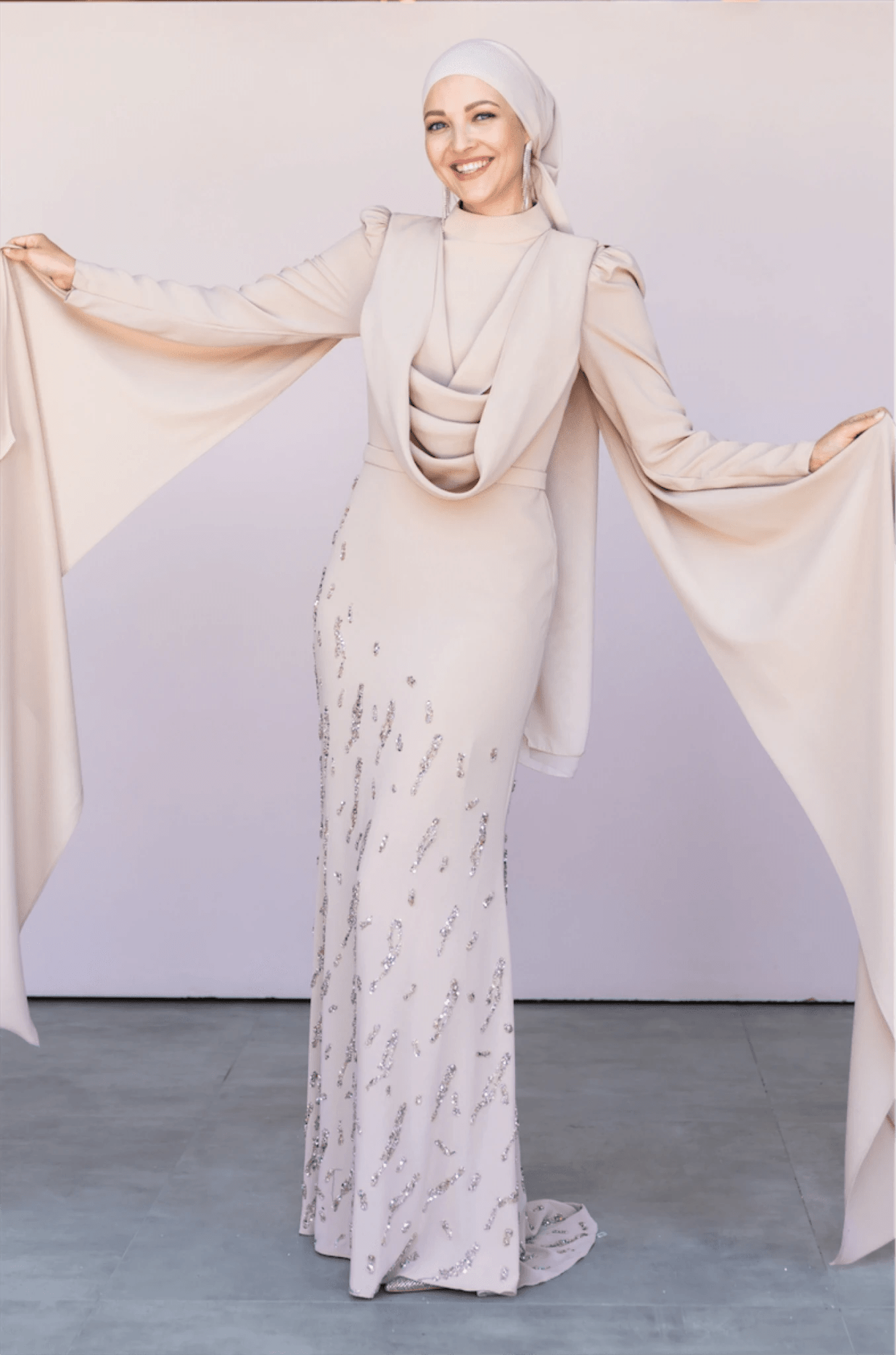 Şallı Degaje Yaka Tesettür Abiye - FioraofDress - tesettur - abiye - 44 - bejj - hijab - evening - dress