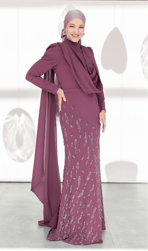 Şallı Degaje Yaka Tesettür Abiye - FioraofDress - tesettur - abiye - 44 - Mürdüm - hijab - evening - dress